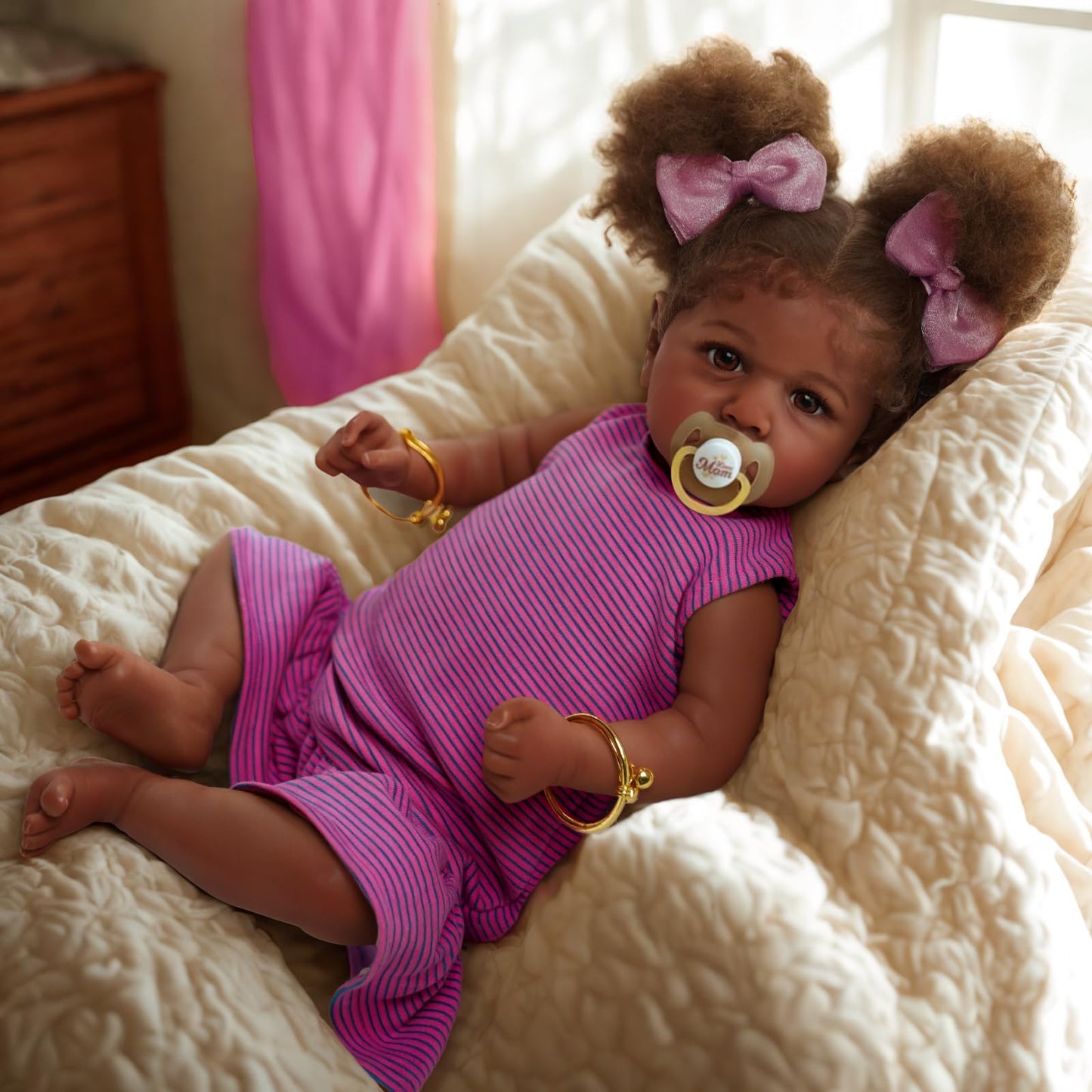 ADFO 22-Inch Reborn Black Baby Doll - Realistic Soft Body, Caramel Skin Tone, Includes Feeding Kit & Toy Accessories for Kids Age 3+