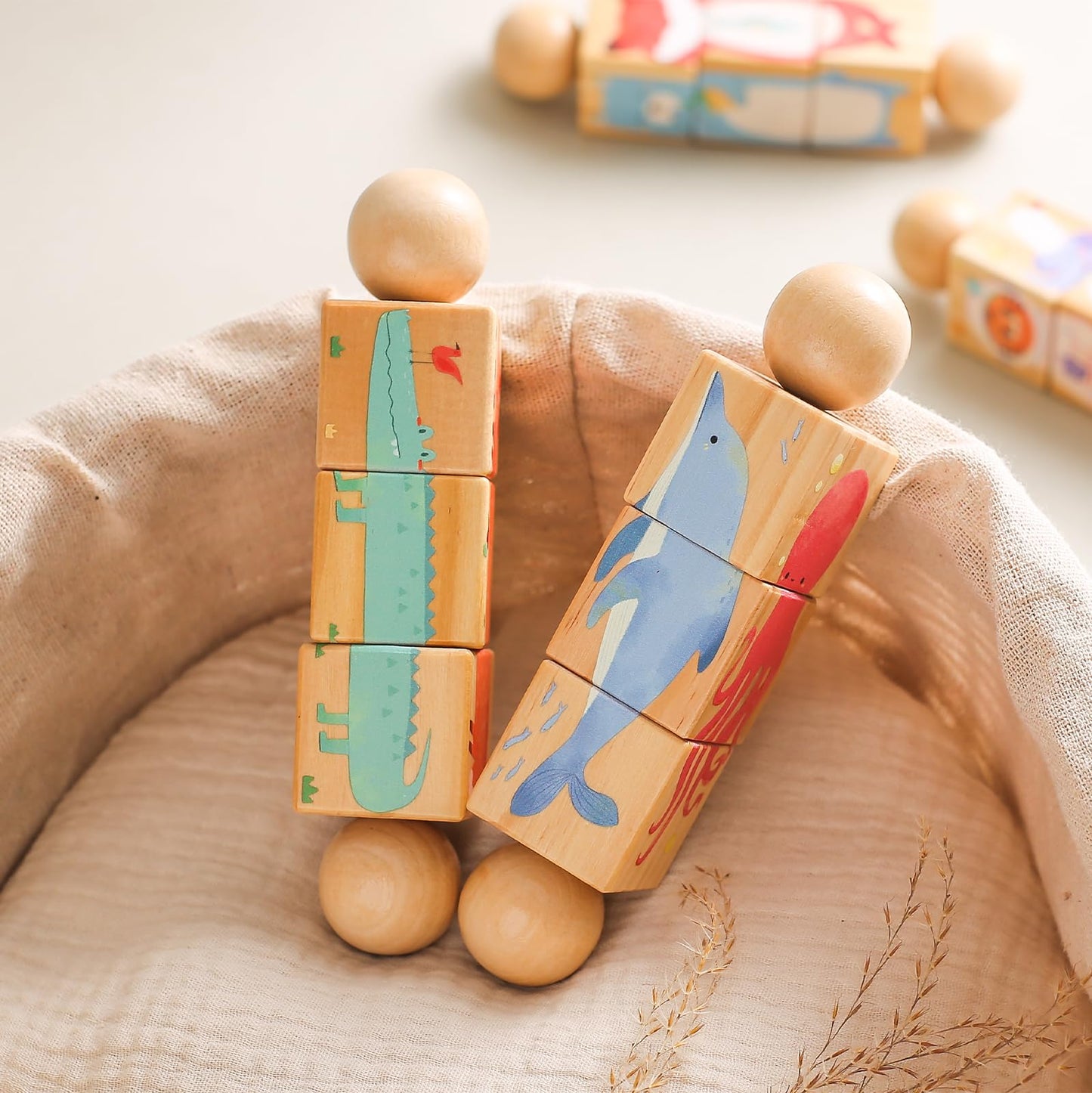 Promise Babe Wooden Animal Puzzle Toy For Toddlers 1-3, Rotating Spin Twist Blocks Set Of 2, Learning Educational Montessori Toy