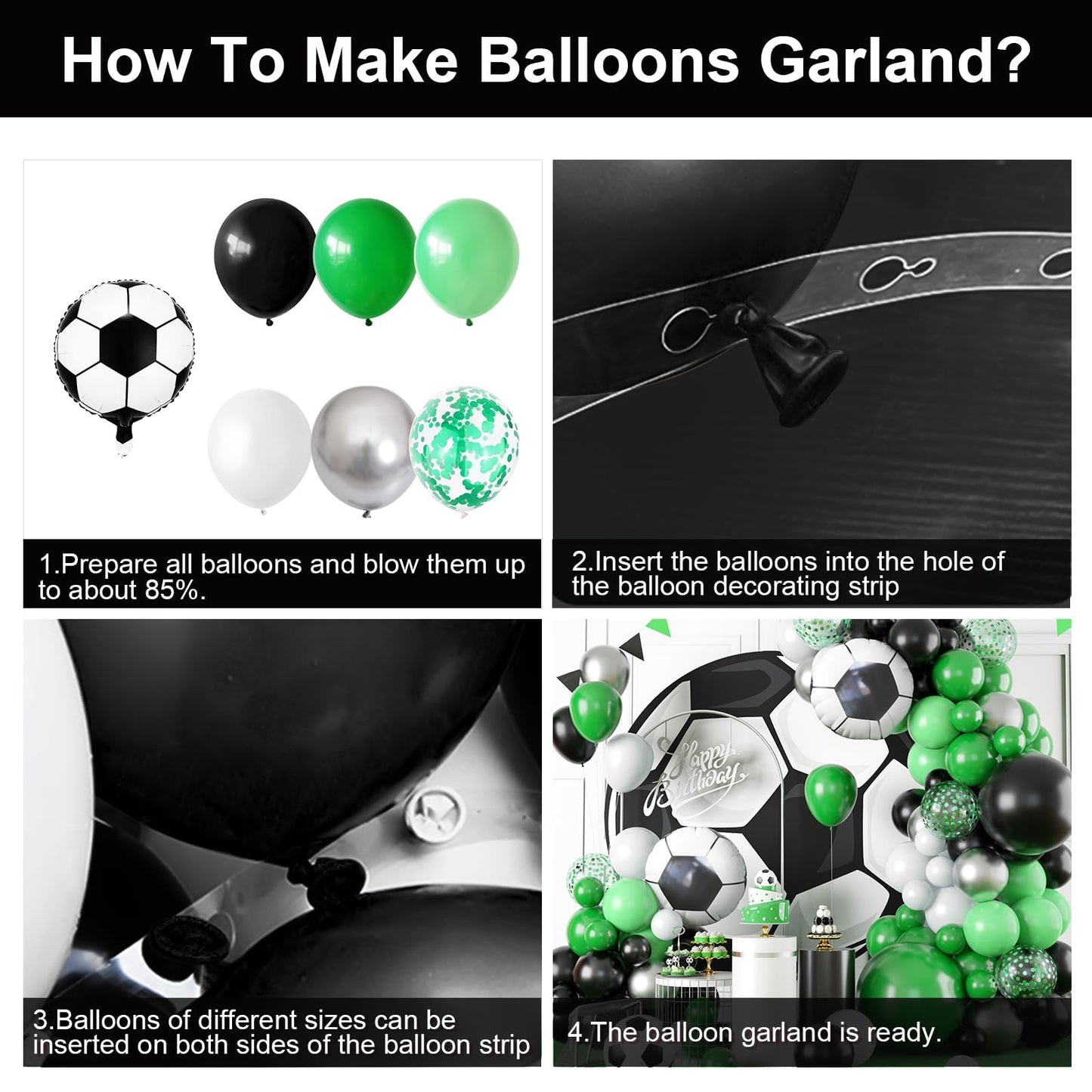 Gresatek Soccer Party Balloon Garland Arch Kit, Green Black White Metallic Sliver Balloons Decorations With Soccer Foil Balloon