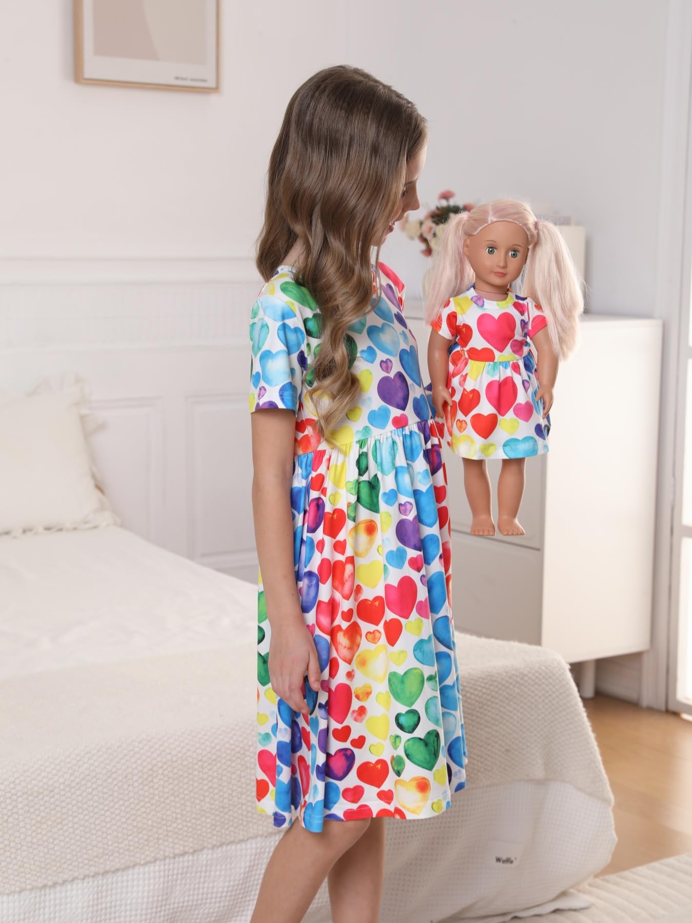 Bow Dream Girl Dress and Matching American Girl Doll Clothes for Girls Heart Shaped Print Size 130