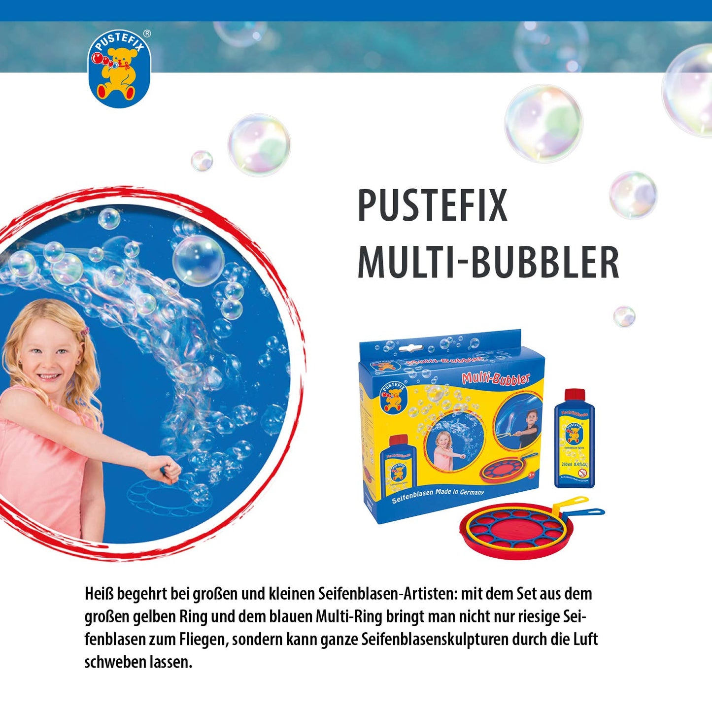 Pustefix Multi Bubbler Giant Bubble Ring And Multi Bubble Ring Toy Set For Kids Includes 8.45 Oz Bubble Solution Bottle And Liquid Tray Makes Big Bubbles, Multicolor, Model: 505310