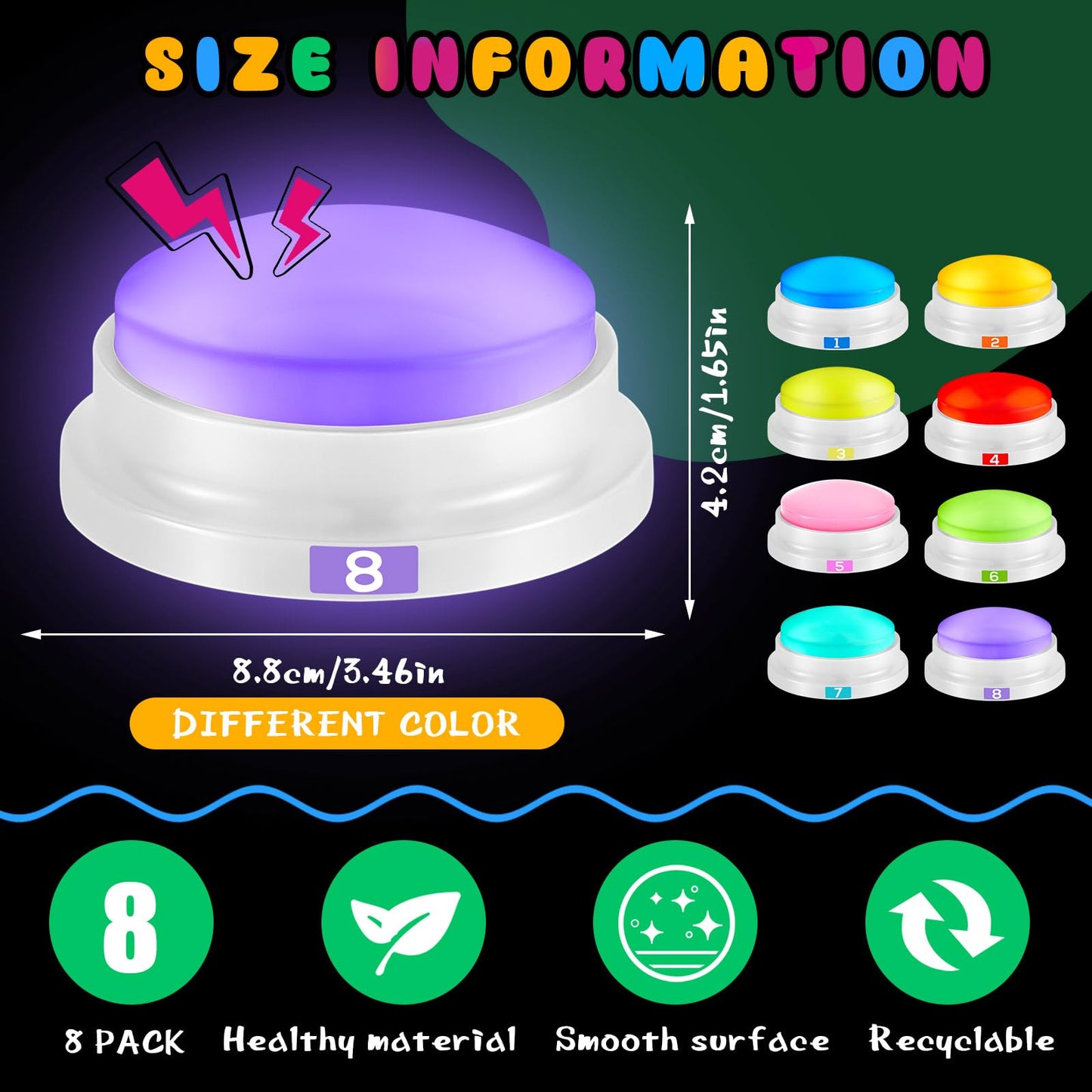 Xuhal 8 Pcs Glowing Buzzers for Trivia Games - Recordable Answer Buttons, ABS, Fresh Color, 3.46 x 1.65 inches