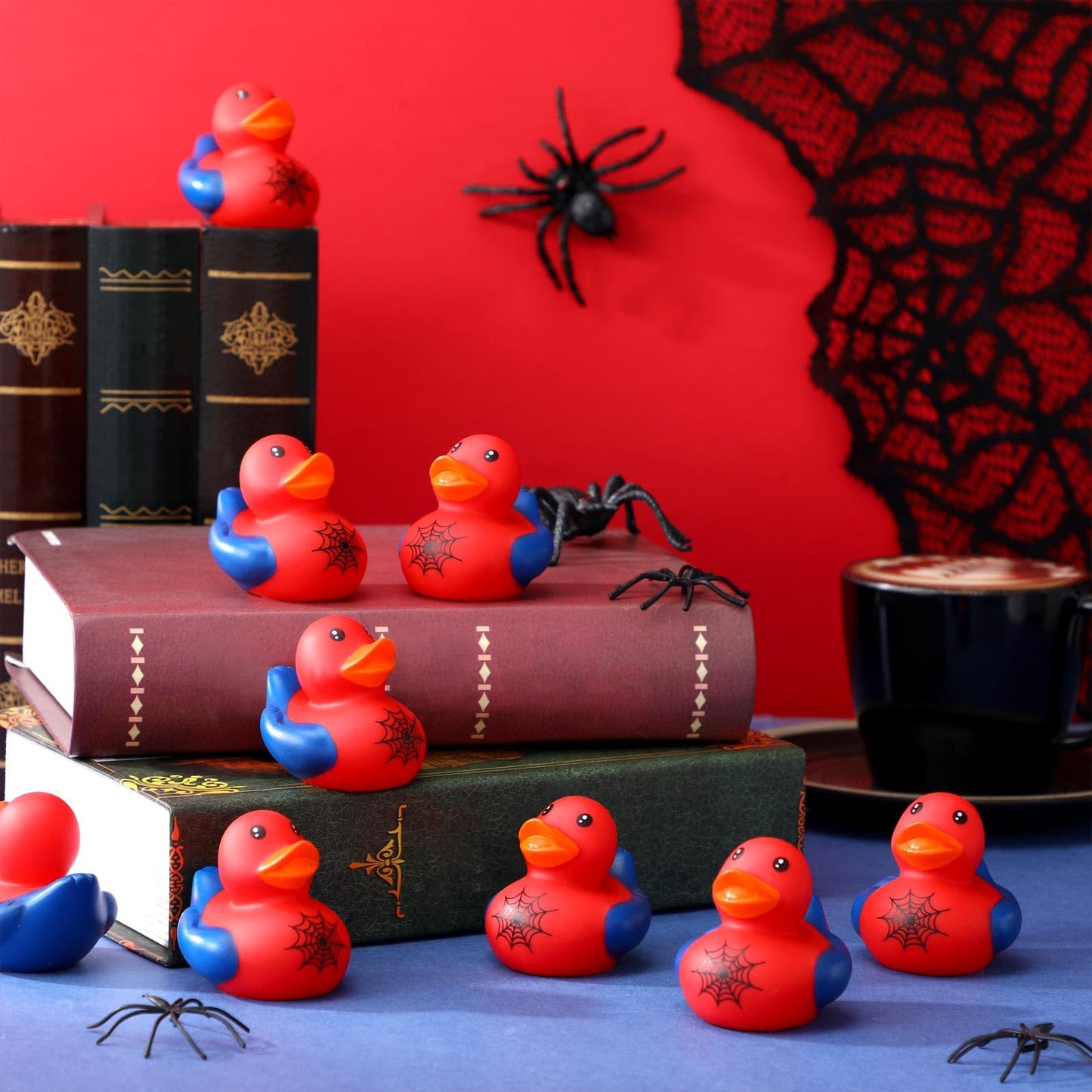 Leyndo 24 Pcs Christmas Spiderweb Rubber Duck Bulk Spiderweb Birthday Party Decoration Favors Squeaky Red Blue Duck for Bathtub Floating Pool Gifts Party Supplies