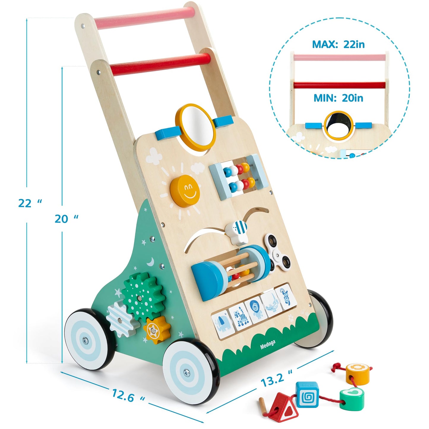 Medoga Wooden Baby Walker, 10 In 1 Baby Activity Center Walker Adjustable Wood Toddler Walker Push Walker Toy For Boys And Girls (Bw001)