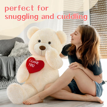 Beniny Big Teddy Bears, Giant White Teddy Bear Stuffed Animals With Embroidered I Love You For Girlfriend, Red Heart Fluffy Tedd