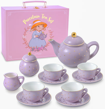 Porcelain Tea Set for Girls - Lavender & Gold Polka Dot Tea Party Set for Kids I Complete Children Tea Sets with Carry Case, Bir