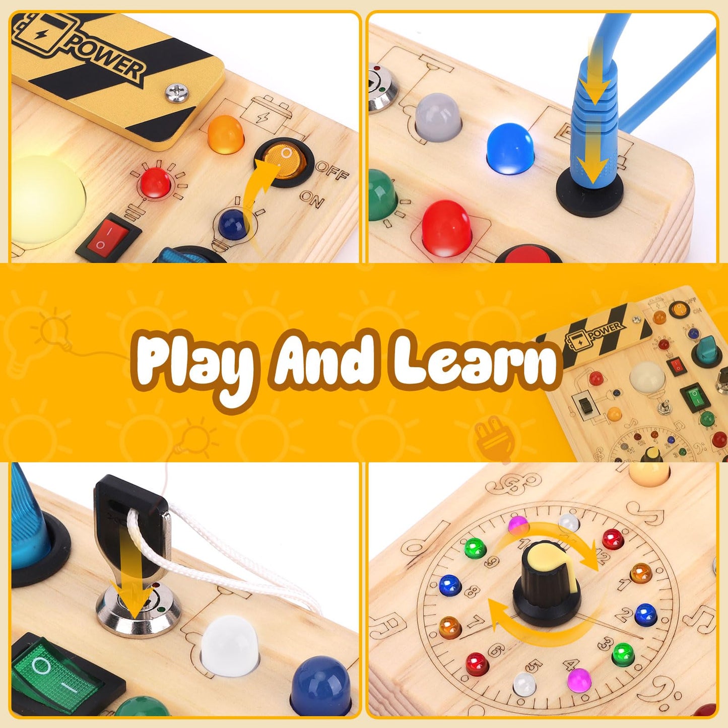 Montessori Toys Clock Wooden Busy Board With 11 Led Light Switches, Tooddler Toys Sensory Toys Travel Toys For 1+ Year Old Baby