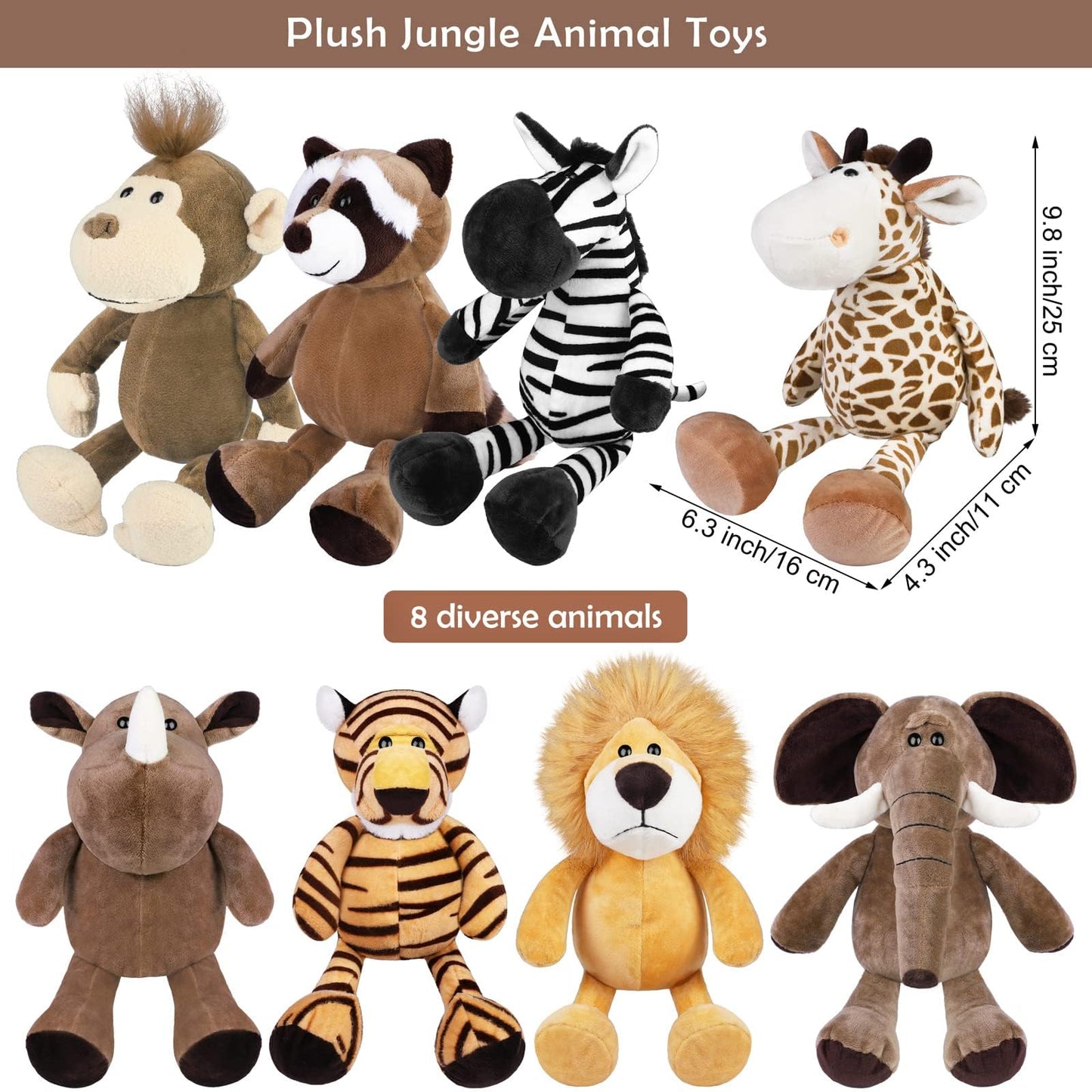 Elcoho 8 Pieces Safari Stuffed Animals Plush Jungle Animal Toys 9.8 Inch Zoo Stuffed Animals Set Cute Plush Toys For Animal Themed Parties Teacher Student Award