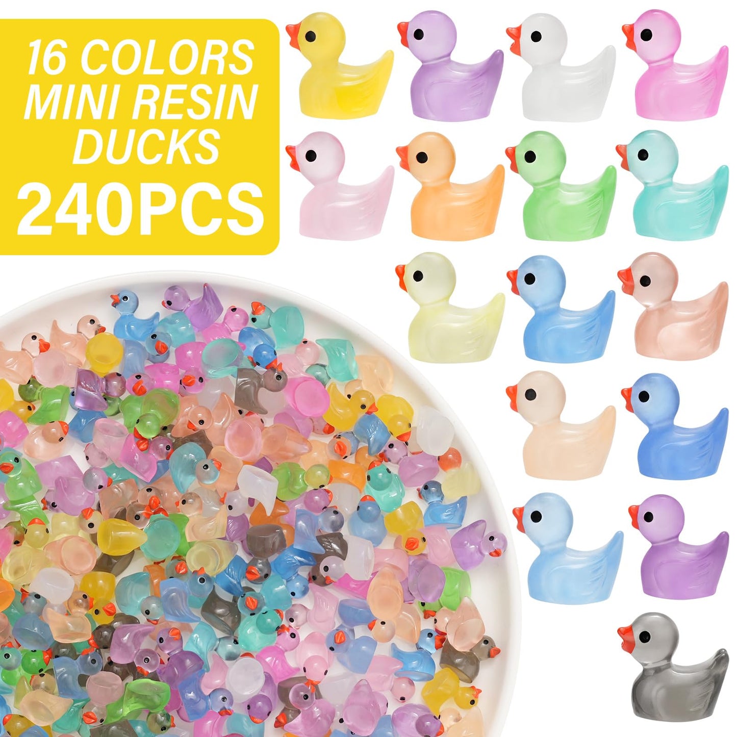 CRTWDMAN 240Pcs Luminous Mini Resin Ducks - Glow in the Dark Tiny Ducks for Party Favors, Decorations, and Collectibles