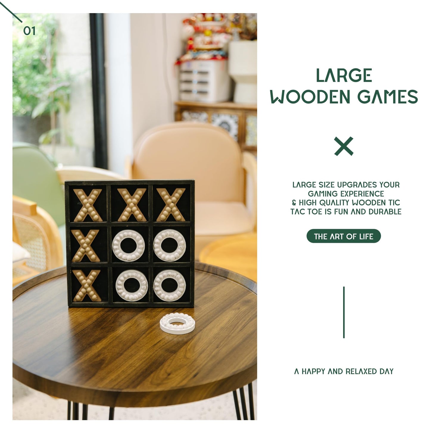 Genmous Wooden Tic Tac Toe Game Board For Seniors Family Indoor Game, 10.6 Inch Black Rustic Giant Tic Tac Toe Coffee Table Deco
