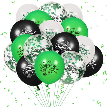 16 Pcs Green Black Confetti Latex Decoration Balloons, 12 Inch Green White Black Happy Birthday Party Balloons For Green Black Jungle Safari Themed Birthday Soccer Football Graduation Party Supplies