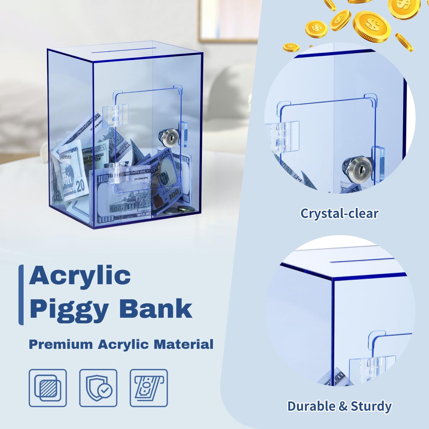 Imeepa Clear Acrylic Piggy Bank With Lock And Key For Kids Adults, Openable Money Saving Box For Cash Coins Real Money (Blue)
