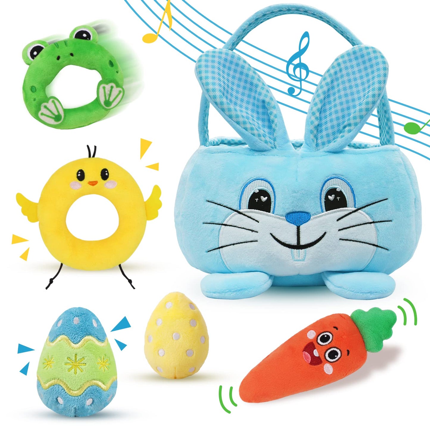 Treory Baby'S First Easter Basket Playset, 6Ct Stuffed Plush Personalized Easter Basket With Blue Bunny Chick Carrot Egg Frog Ba