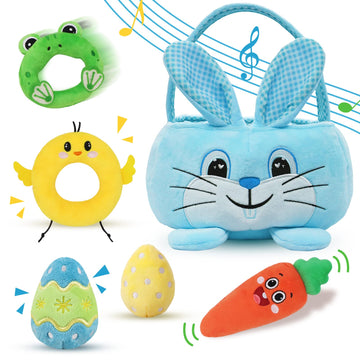 Treory Baby'S First Easter Basket Playset, 6Ct Stuffed Plush Personalized Easter Basket With Blue Bunny Chick Carrot Egg Frog Ba