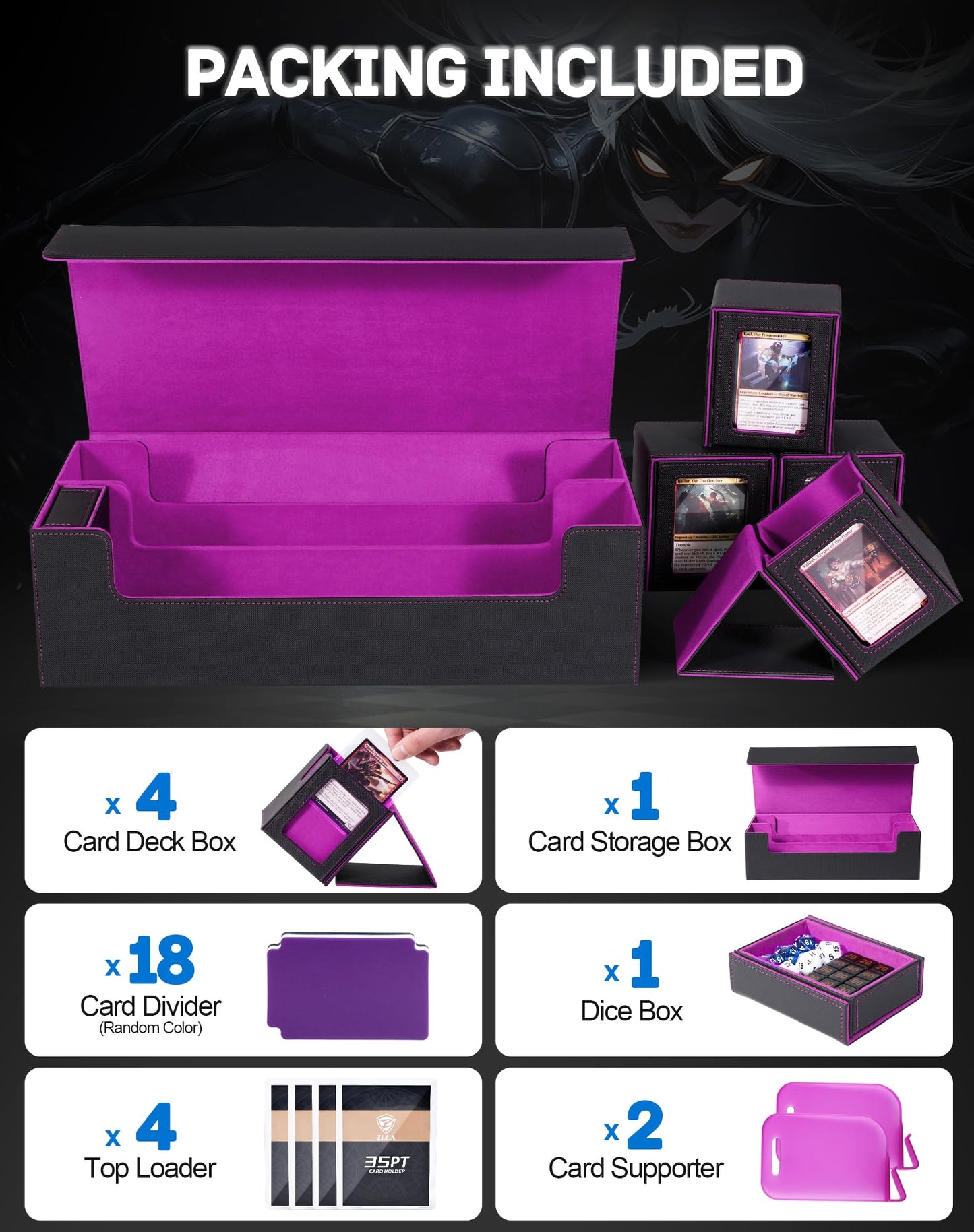Zlca Mtg Card Storage Box 5 In 1 With 4 Pcs Small Commander Deck Box, Large Card Deck Case For Tcg Magic Sports Game Cards(Black