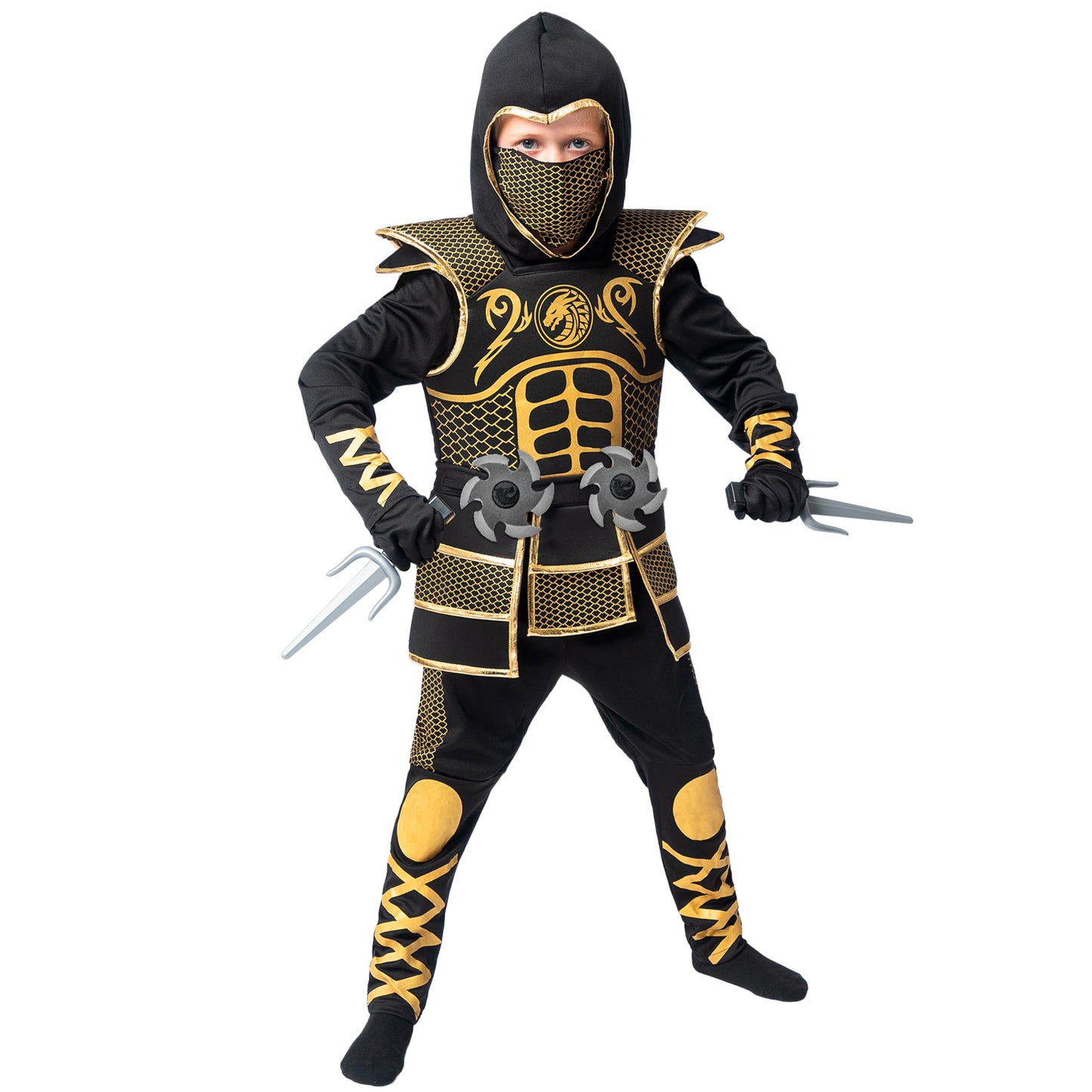 Spooktacular Creations Golden Ninja Costume for Boys  Kids Ninja Outfit Set with Golden protective covering and Patterns for Halloween Costume Dress Up Party  S