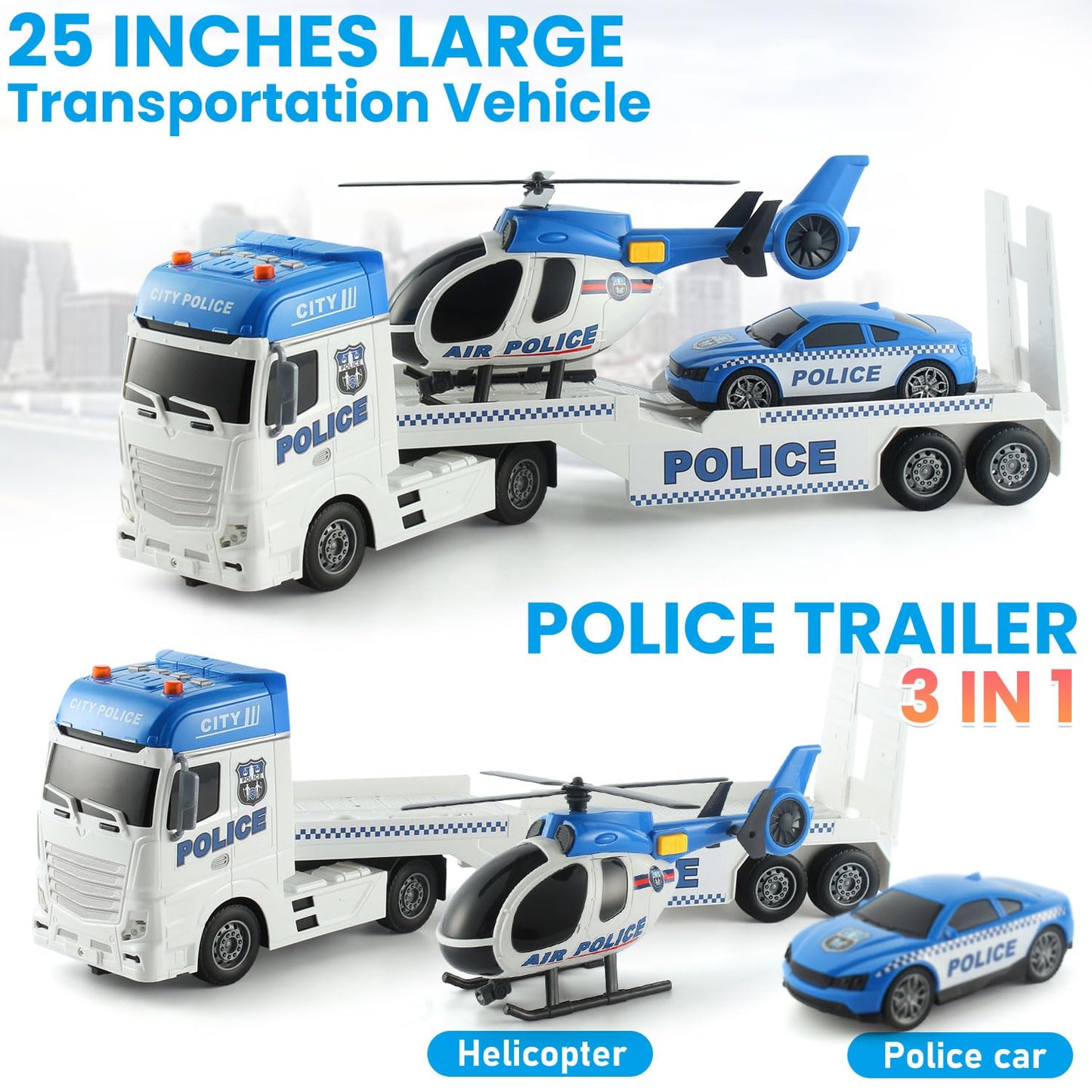 Csdcsd 25.6'' Large Police Car Toy And Semi Truck Toy With Racing Car And Helicopter - Police Toys,Birthday Gifts For Kids Child