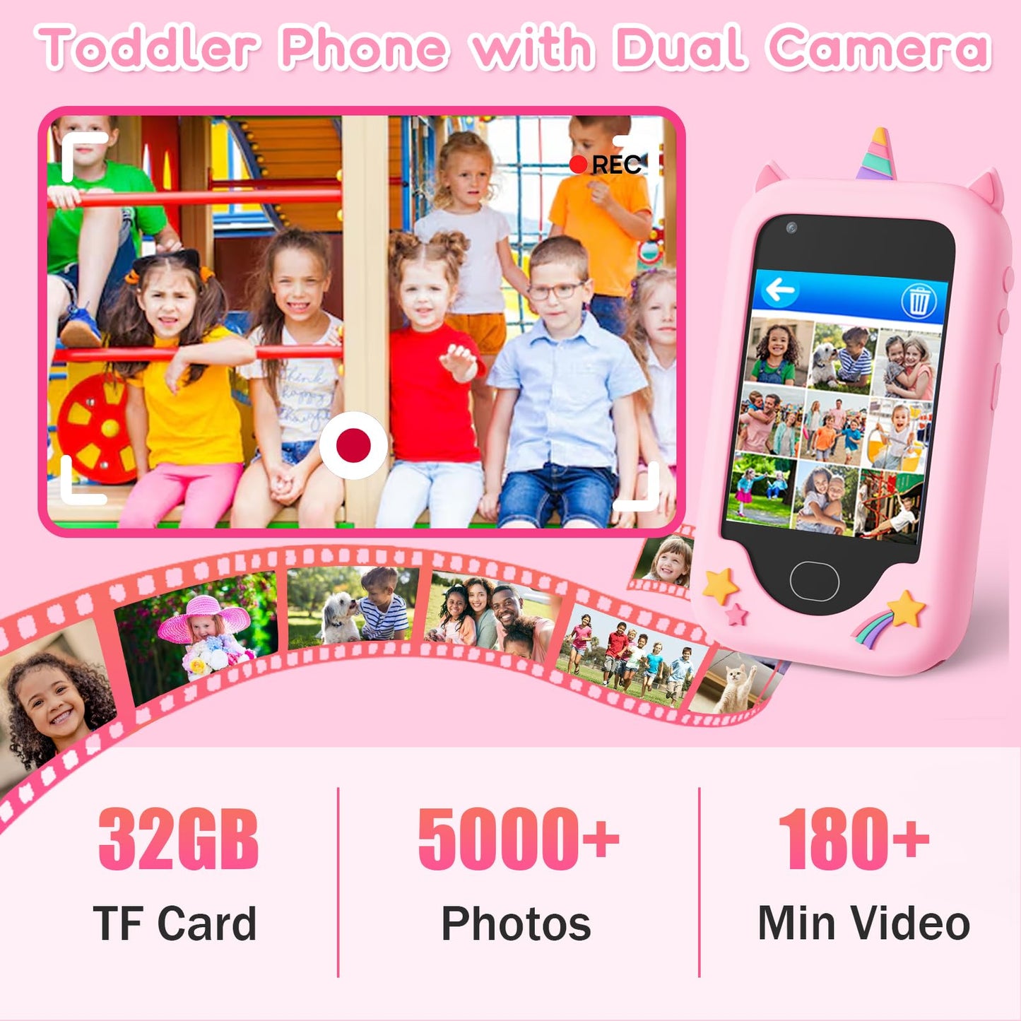 Gocina Kids Smartphone Toys, Toddler Phone with Camera, Music, Games & 32GB Card, Christmas Birthday Gift Play Phone for Girls A