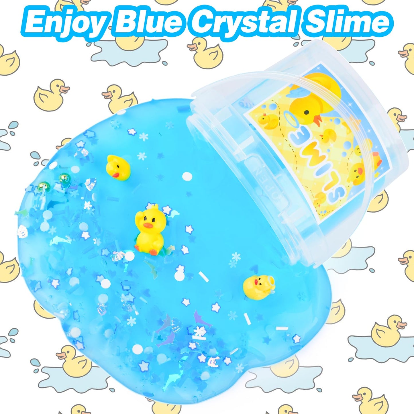 Blue Crunchy Crystal Slime with 3 Yellow Duck Charms, Ocean Series Big Scented Slime Bucket for Kids, Super Soft, Party Favor, B