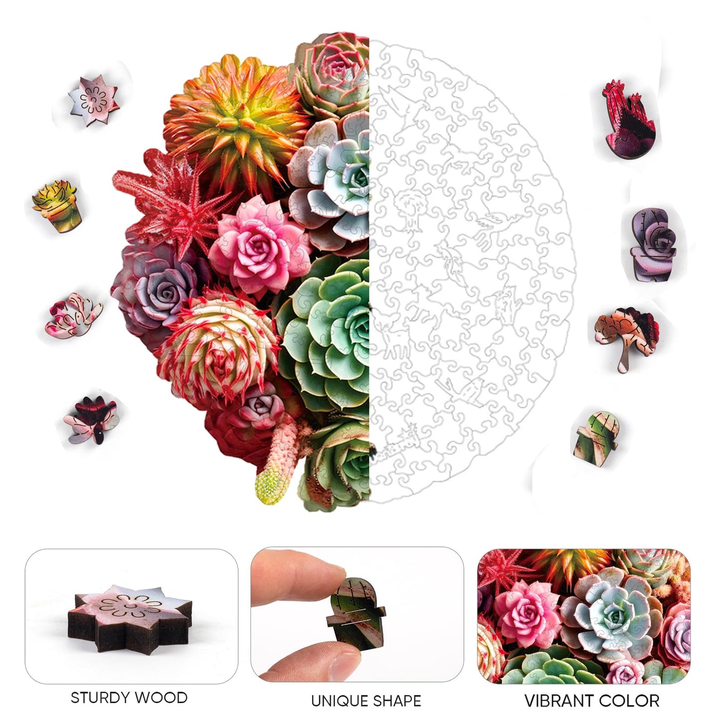 Wooden Puzzles For Adults 500 Piece, Colorful Succulent Puzzle For Mom, Challenging Puzzle, Luxurious Shaped Wooden Puzzles For