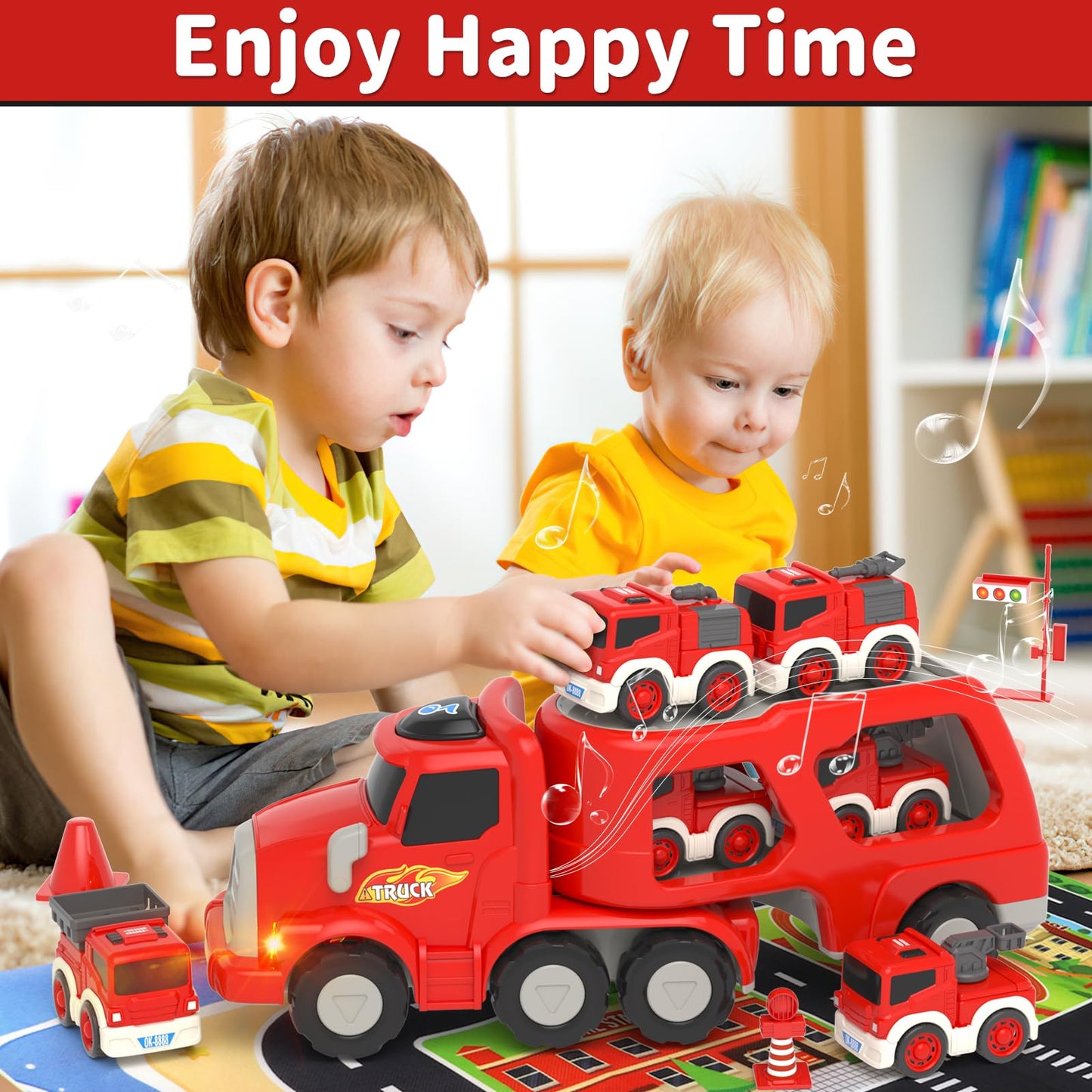 newcrave 8 in 1 Fire Truck Toys for 2 3 4 5 Year Old Boy, Fire Trucks Cars Toys for Toddler 1-3 3-5, Fire Cars with Play Mat Lig