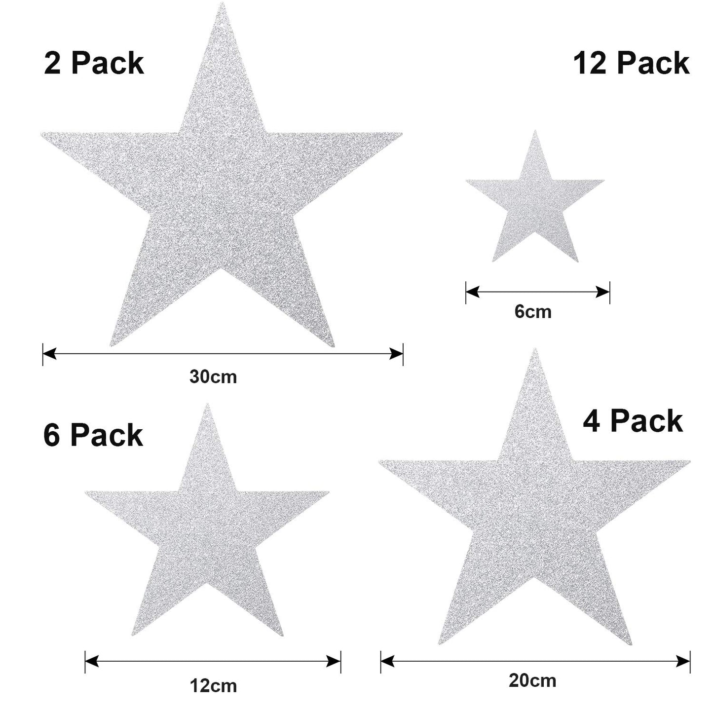 Boao 24 Pieces Silver Cardboard Stars Silver Glitter Stars Cutouts 4 Sizes 6cm/12cm/20cm/30cm Hanging Glitter Star Garlands with