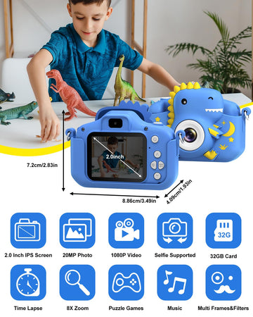 Greenkinder Kids Camera, Dinosaur Toddler Digital Camera For Boys Girls, Christmas Birthday Gifts, Selfie 1080P Camera For 3 4 5 6 7 8 9 Years Old Toys Dark Blue