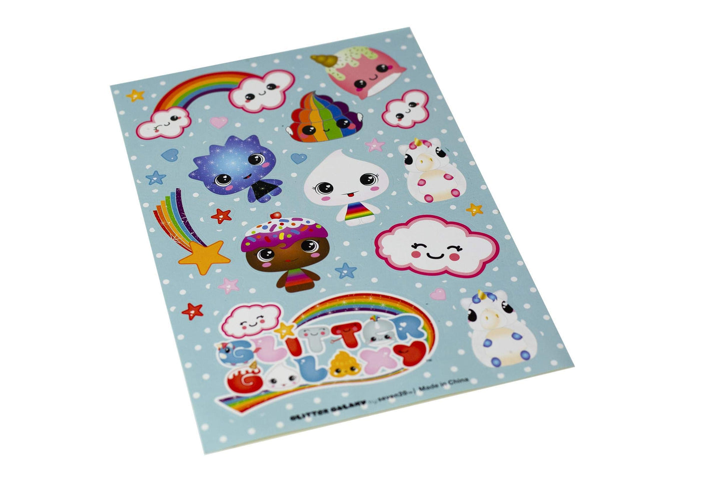 Glitter Galaxy Sticker Friends Sheet Wave 1 - Ten Large Character with Small Heart & Star Effects Stickers - Cute Rainbow Poop,
