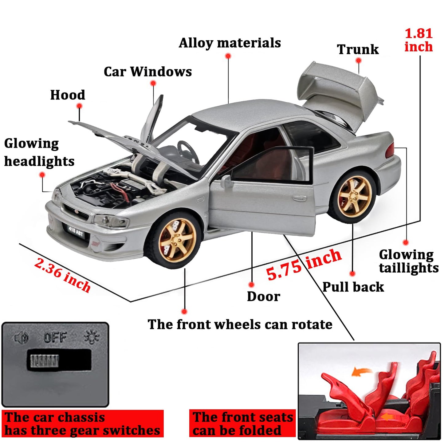 ERBADIHAGO Toy Cars Compatible for Subaru 1998 Impreza 22B Sti Version 1/32 Metal Model Car Pull Back Car Toys with Light and So