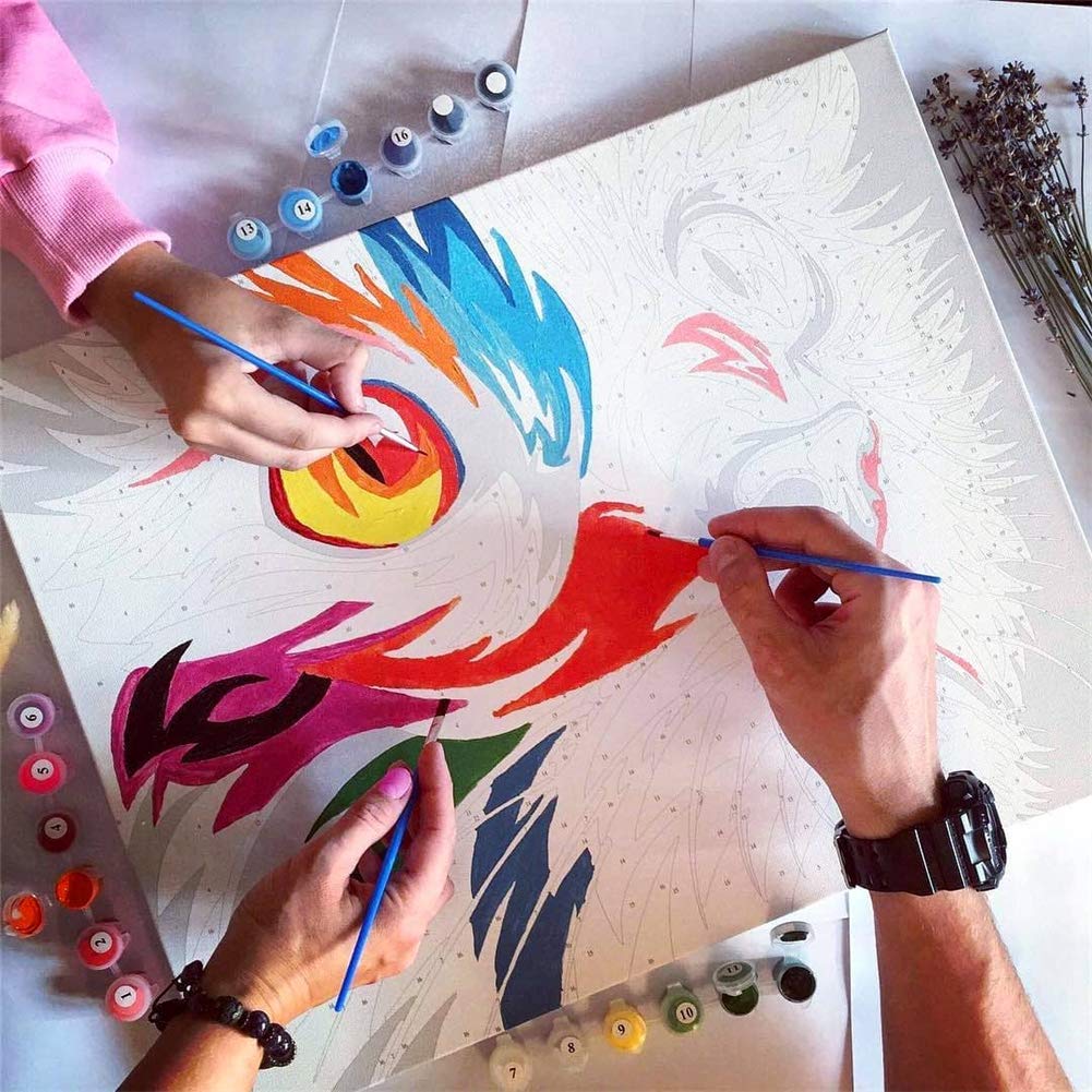 Komking DIY Paint by Numbers for Adults, Paint by Number Kits for Kids Beginner on Canvas Painting, Colorful Wolf 16x20inch
