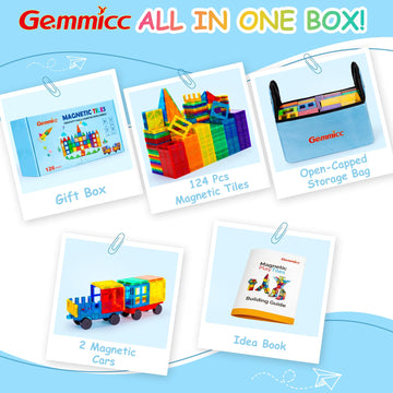 Gemmicc Magnetic Tiles, 126 Pcs + Storage Case, Stem Building Blocks Magnet Toys For Kids,Educational Building Toy Stacking Blocks For Boys Girls,Huge Set With 2 Cars