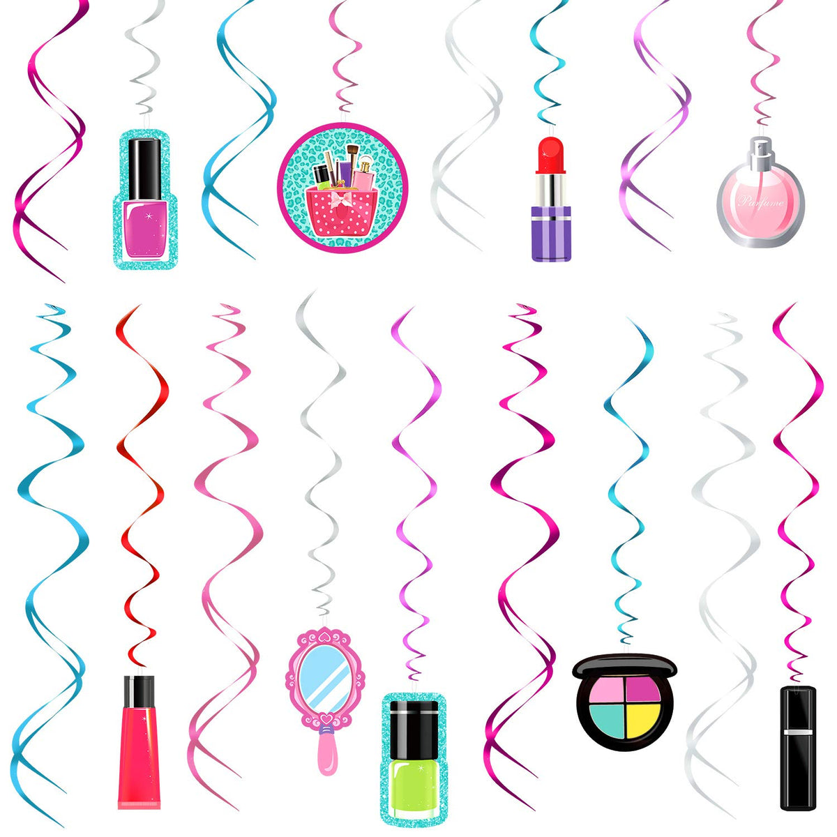 Dizzy Danglers 48 Pieces Makeup Party Hanging Decorations Swirls Nails Theme Pink Birthday Party Supplies