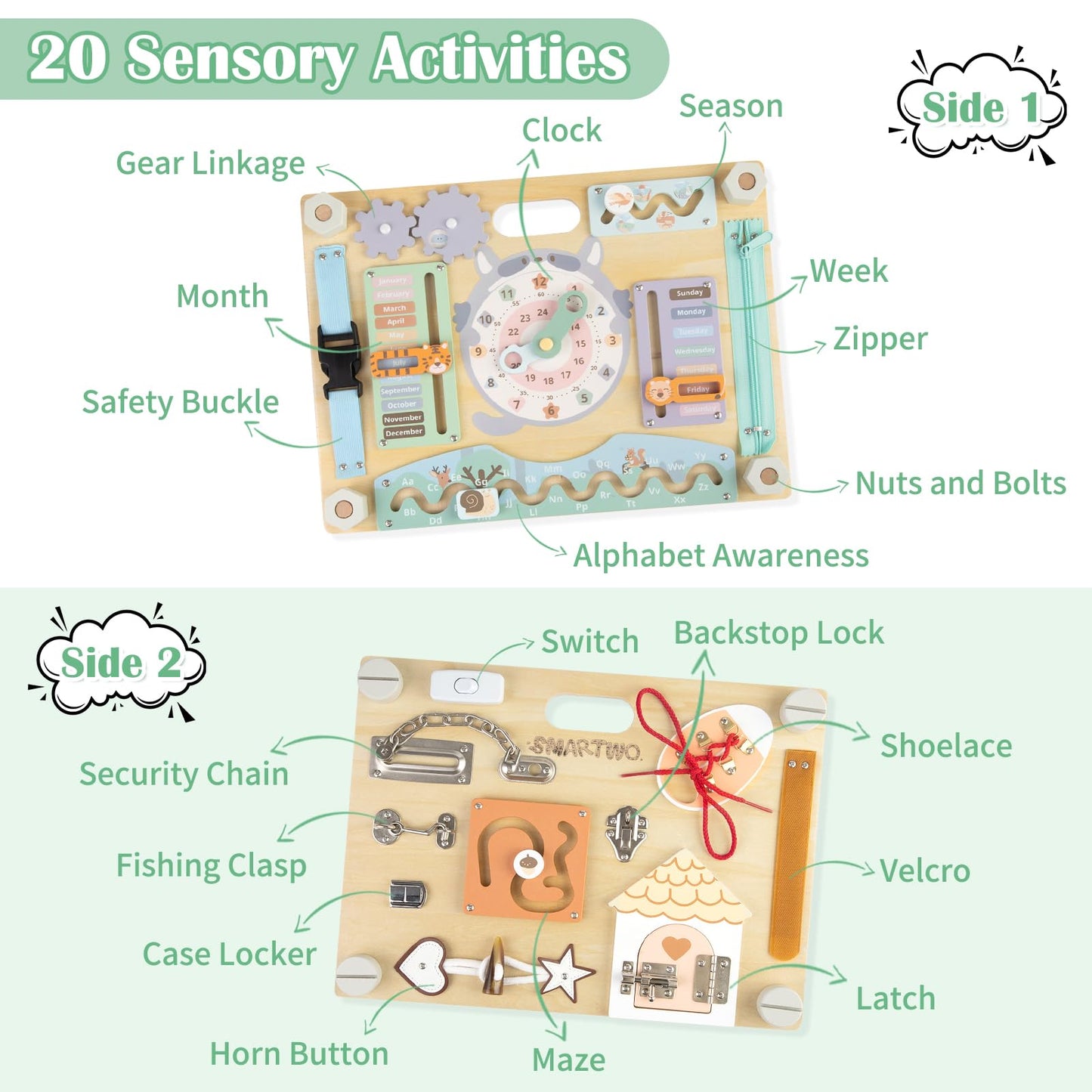 Smartwo Double-Sided Wooden Busy Board For Toddlers, Sensory Activity Board, Montessori Travel Toy For Kids Age 2-5, Educational