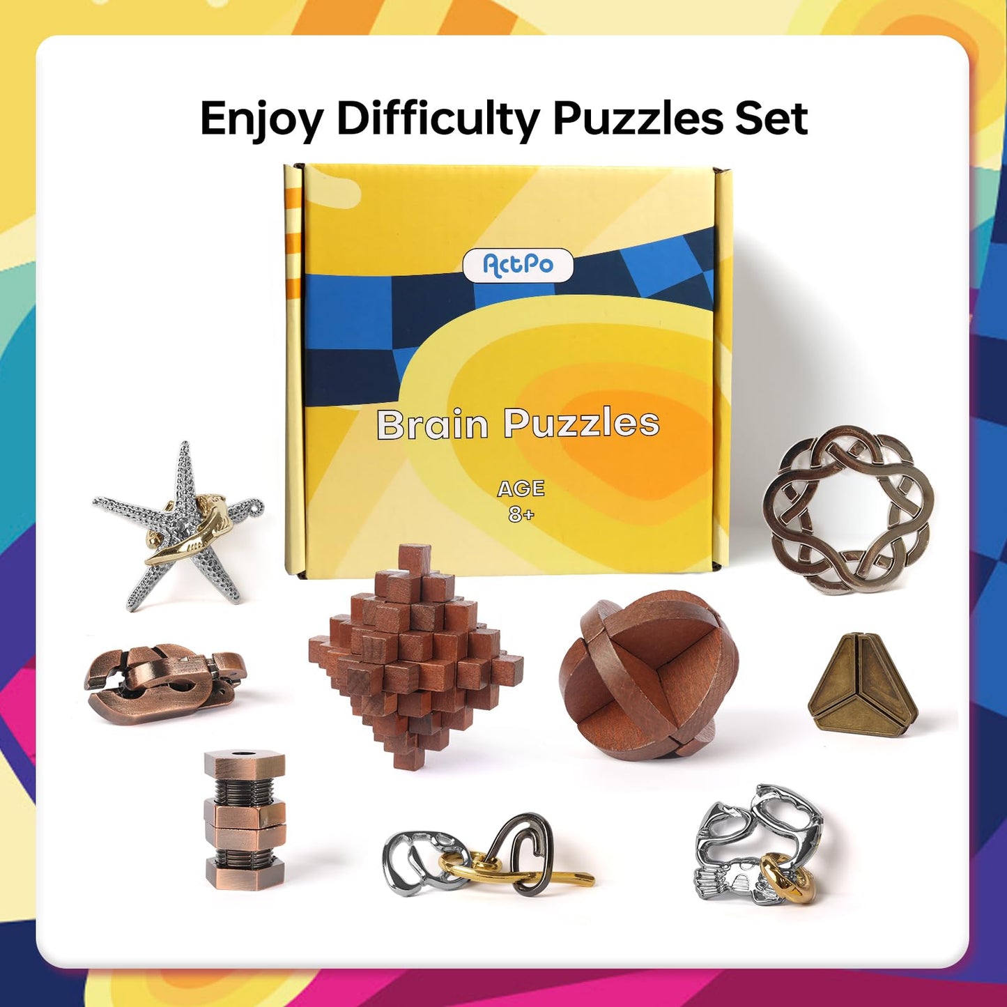 Actpo 9Pcs Retro Wooden And Metal Puzzles Bulk Gift For Kids, Teens, And Adults Unlock Interlock Brain Teaser Toys Game.
