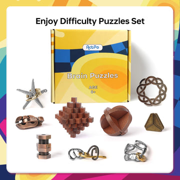 Actpo 9Pcs Retro Wooden And Metal Puzzles Bulk Gift For Kids, Teens, And Adults Unlock Interlock Brain Teaser Toys Game.