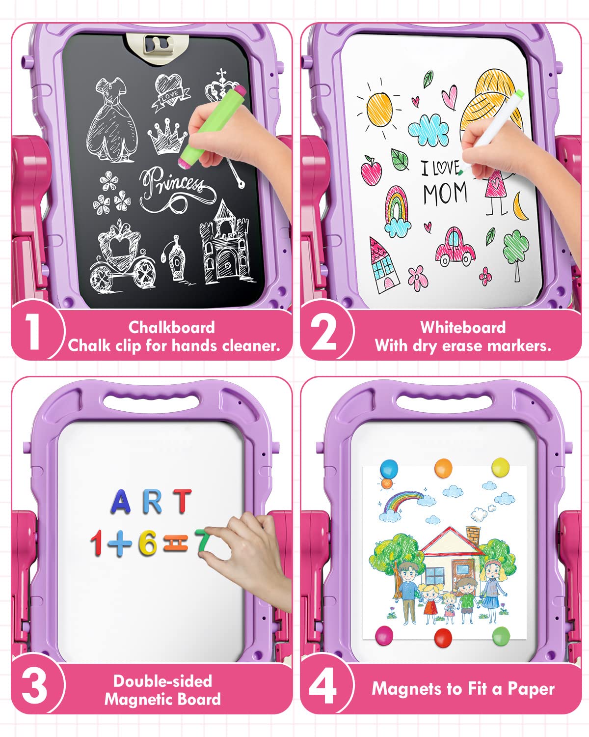 Lehoo Castle Easel for Kids, 4 in 1 Double Sided Kids Art Easel with Magnetic White Board & Chalk Board, Adjustable Standing Tod