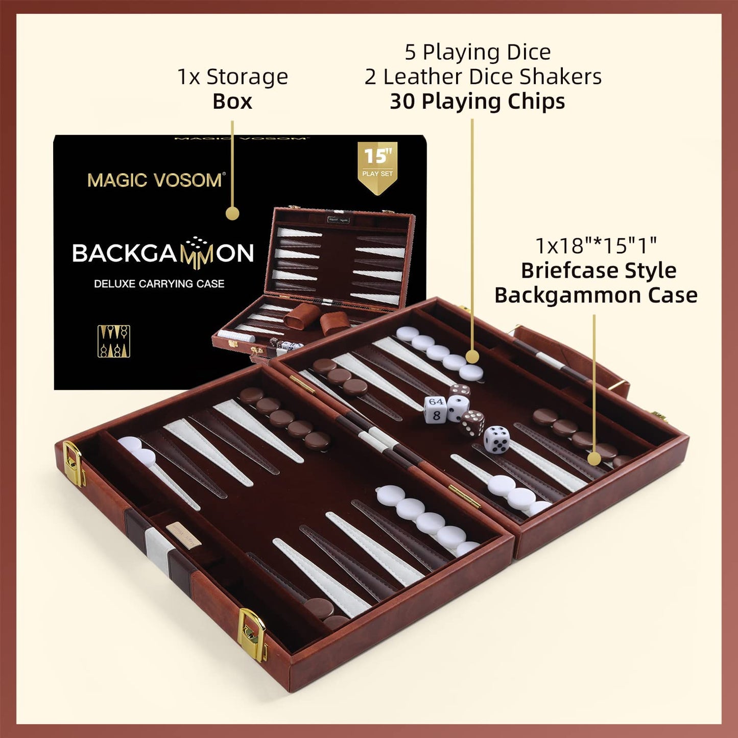 Magic Vosom Travel Medium 15 Inch Backgn Brown Sets Classic Board Game with enhanced Leather Case  Portable Travel Strategy Backgn Game Sets for mature-themeds  Kids (Brown Medium)
