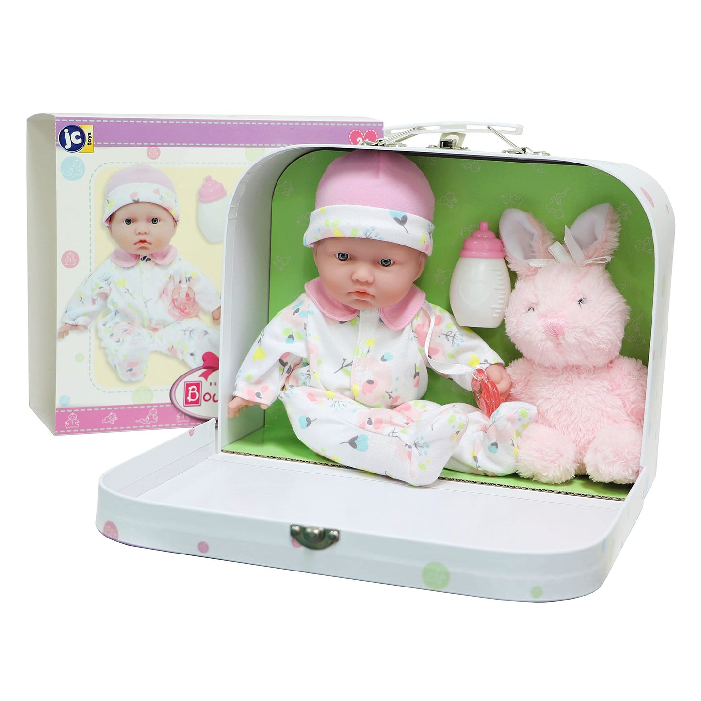 Jc Toys - La Baby Travel Case Gift Set| Caucasian 11-Inch Small Soft Body Baby Doll | Washable | Cute Outfit, Bottle, Pacifier & Plush Bunny | For Children 12 Months +, Pink