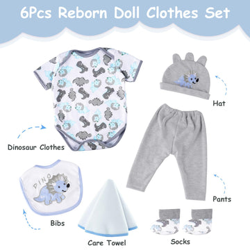 Babeside 6 Pcs Reborn Baby Doll Clothes For 17-22 Inch Dinosaurs Baby Doll Clothes Outfits With Hat Headscarf Newborn Boy&Girl