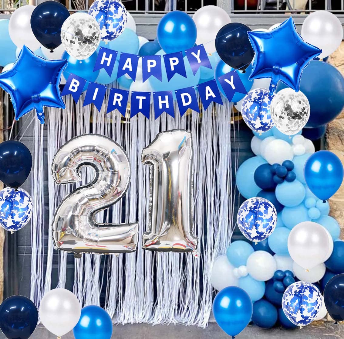 JumDaQQ 21st Birthday Party Decoration - Blue Happy Birthday Banner & Foil Balloons, Rubber Confetti Balloons for Men, 21 Years Old Supplies
