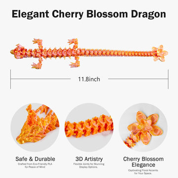 Outgoto 3D Printed Cherry Blossom Dragon - 11.8In Realistic Articulated Dragon Fidget Toy, Desk D  Cor And Collectible (Pink Gol