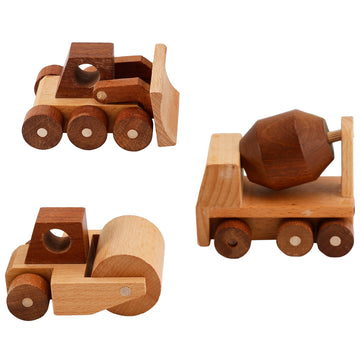MONT PLEASANT Wooden Construction Vehicle Toy Set of 3  Toddler Montessori Toys Cement Truck Bulldozer Steam Roller Toy Car with Rolling Wheels  Kid Construction Toys Educational Gift for Boys & Girls