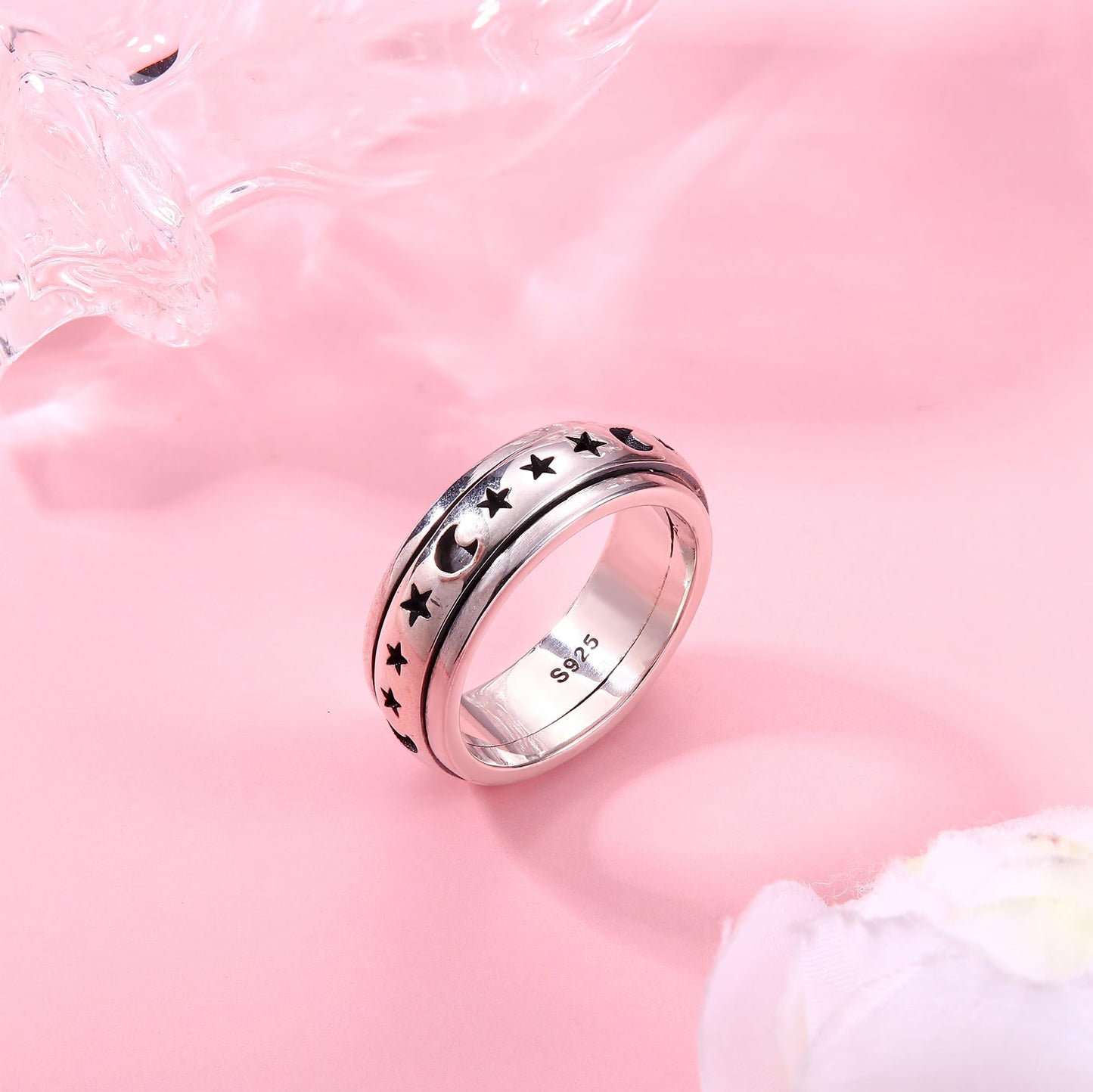 Milacolato 925 Sterling Silver Anxiety Ring For Women Men Platinum Plated Sterling Silver Band Fidget Ring Moon Star Spinner Rin