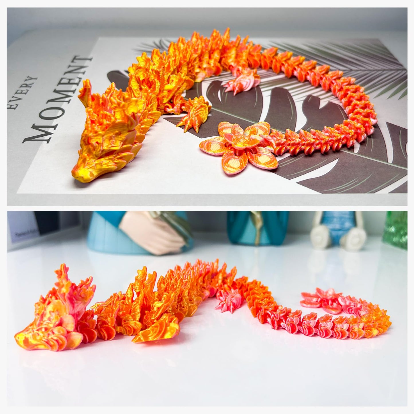 Outgoto 3D Printed Cherry Blossom Dragon - 11.8In Realistic Articulated Dragon Fidget Toy, Desk D  Cor And Collectible (Pink Gol