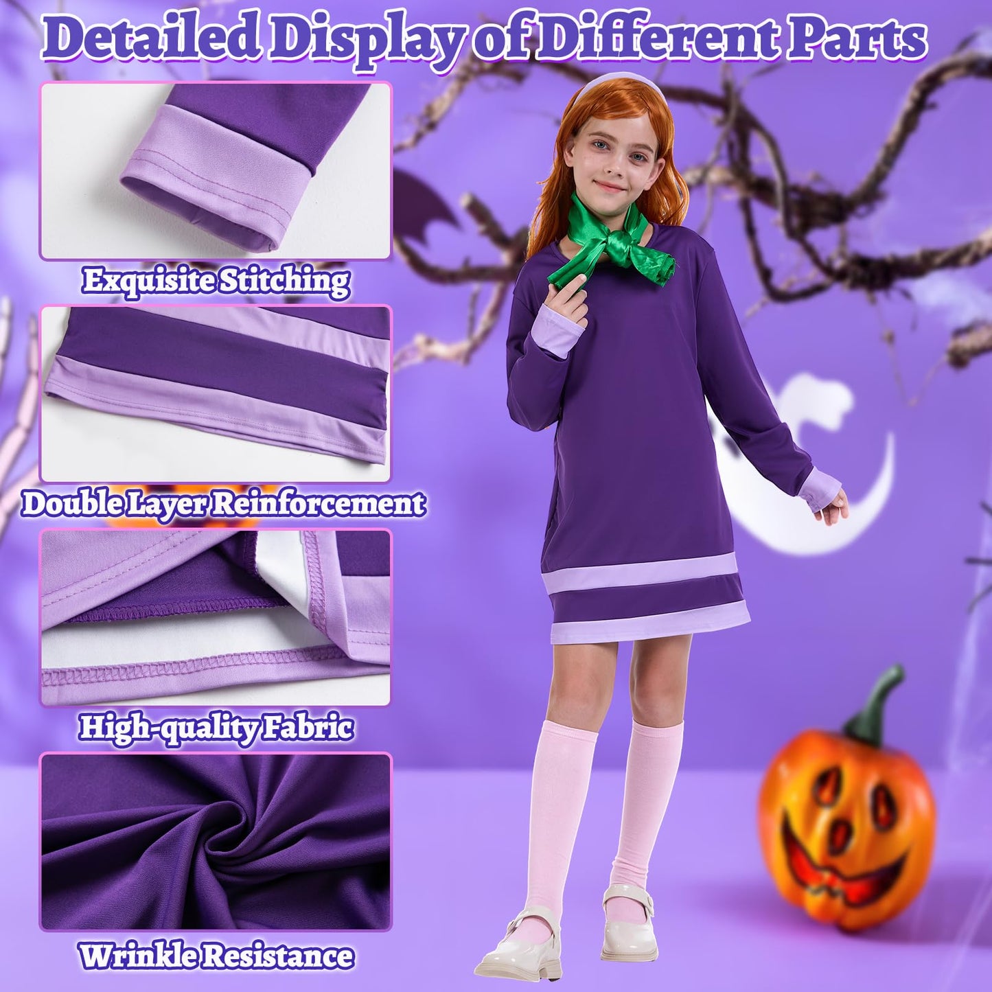 KDAFJLKD Girls Halloween Costume Long Sleeve Purple Dress Cosplay with Accessories Wig Scarf Headband Stockings (160 (14 Years))