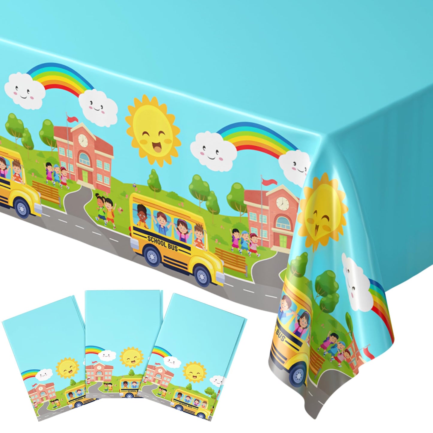 Blue Orchards School Bus Tablecovers (Pack of 3) - School Bus Party Supplies, Back to School Decorations, School Bus Wheels Tabl