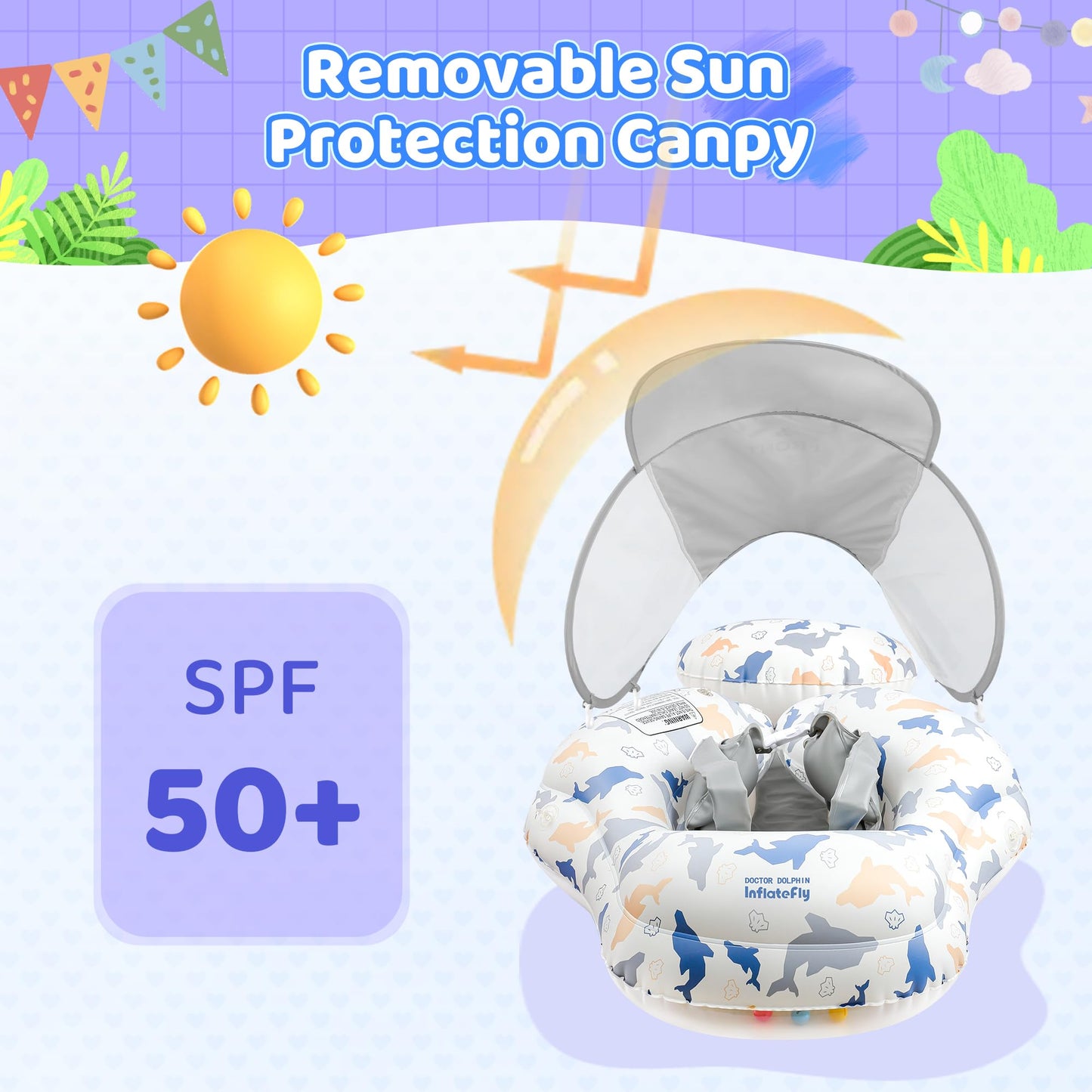 INFLATEFLY Baby Pool Float with Sun Canopy Inflatable Toddler Swimming Float with Anti-Backflip Tail Infant Pool Floaties for Ag