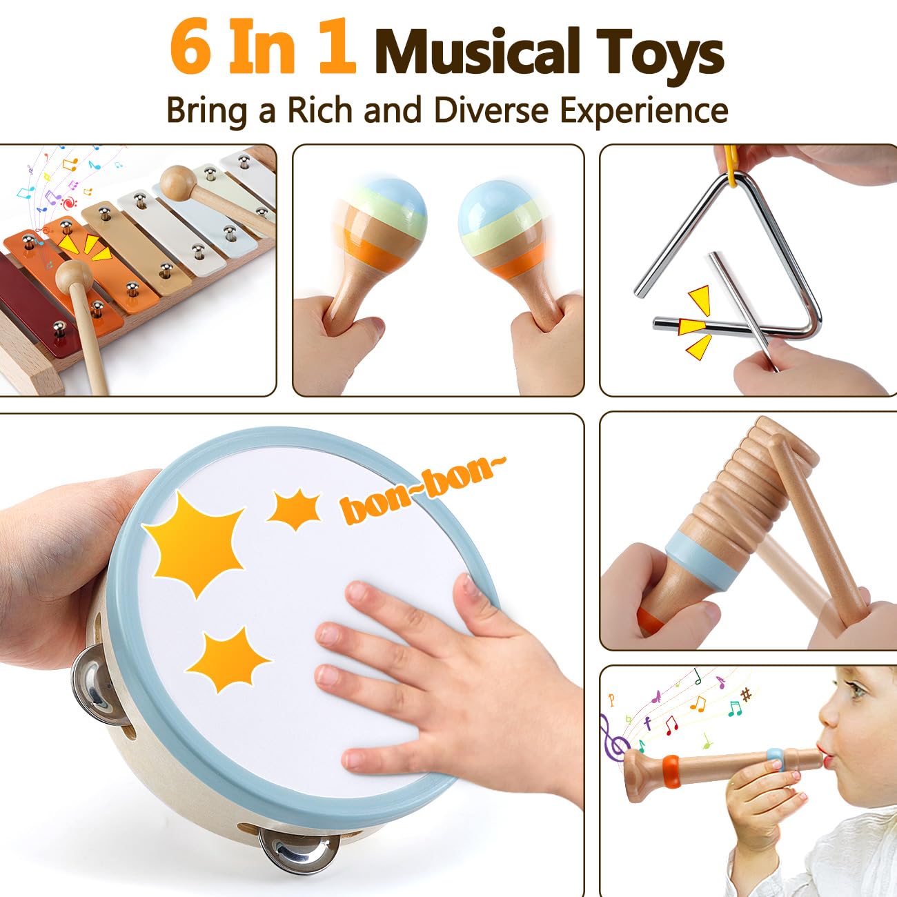 Musical Instruments for Toddlers 1-3 Wooden Music Toys for 1 Year Old with Xylophone & Maracas Montessori Percussion Set in Neutral Boho Colors Kids Preschool Educational Birthday Gifts