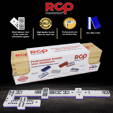 Rcp Products Dominos Professional Double 9 Domino Set Of 55 Tiles, Metal Spinner, Classic And Travel Board Game With Wood Case J
