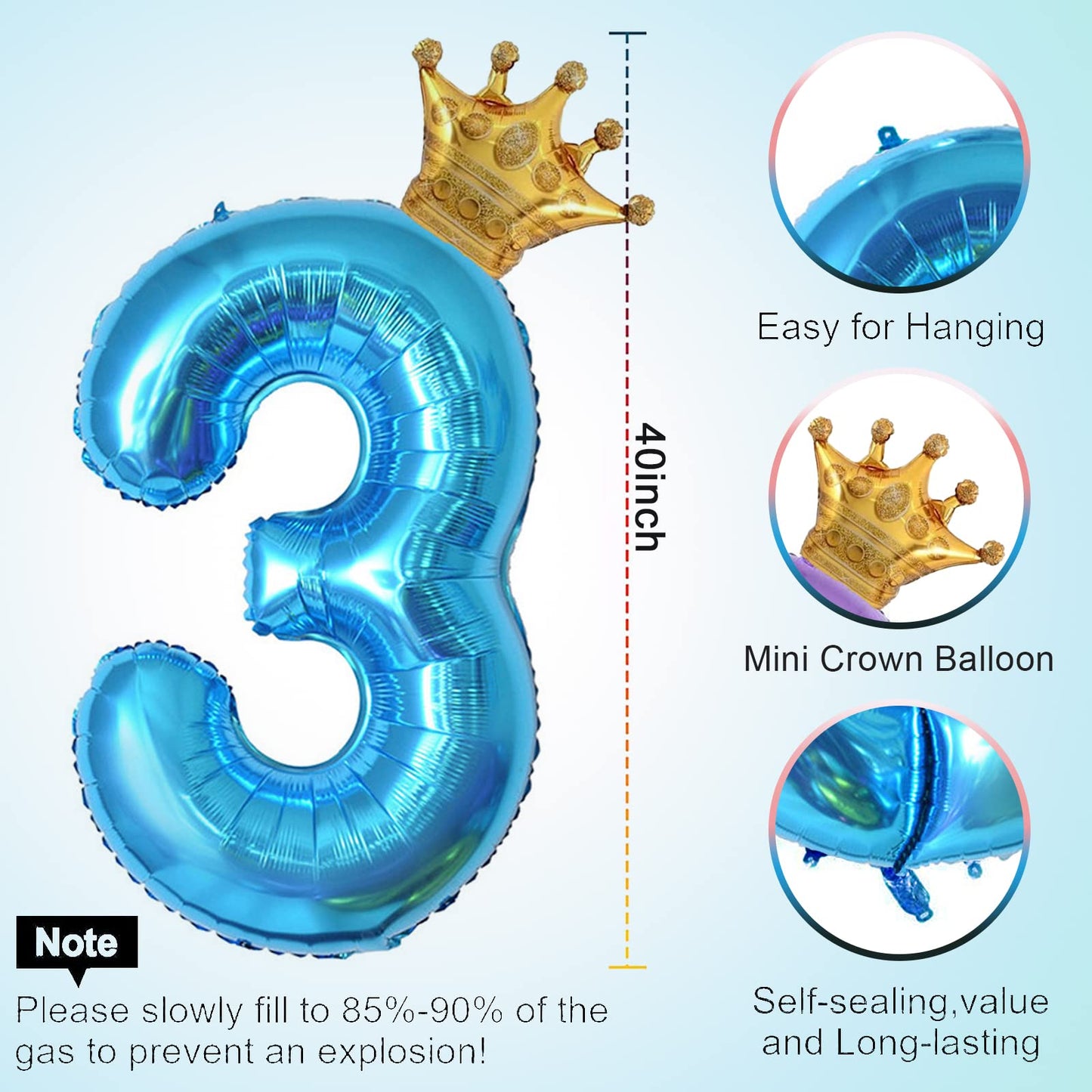 40 Inch Light Blue Number 3 And Mini Crown Balloon For 3Rd Birthday Party Decorations, Light Blue Birthday Party Balloons Decora